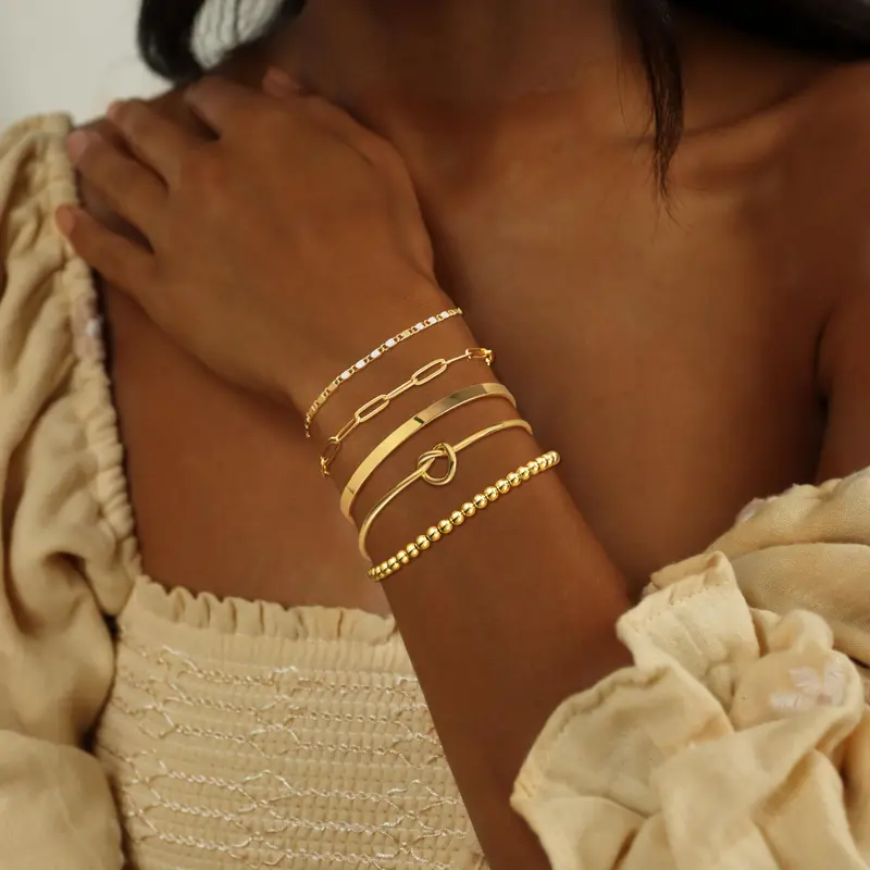 14k 5pc Beaded Knot Bracelet Stack