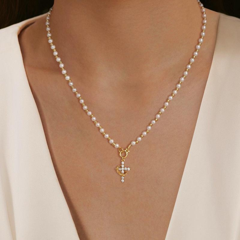 Pearl Beaded Crown Cross Necklace