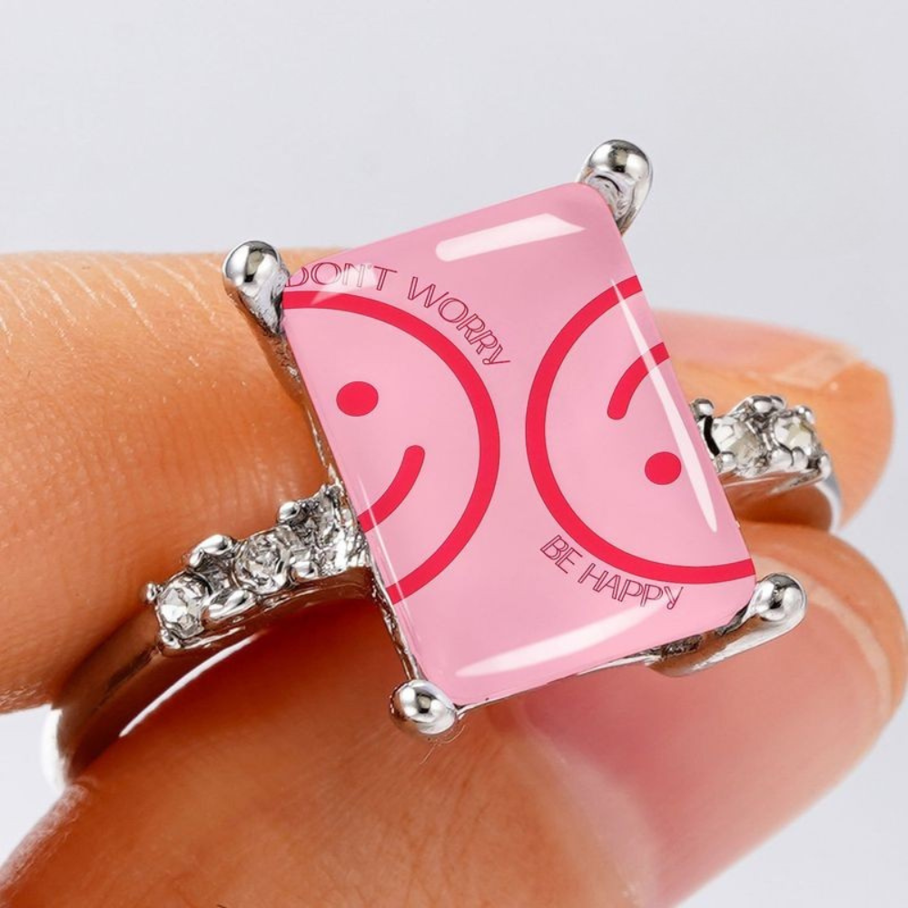 Pink Smiley Face Square Ring