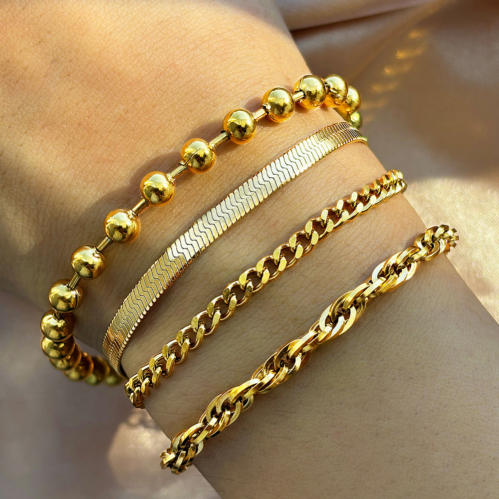 4pc Gold Link & Bead Bracelet Stack