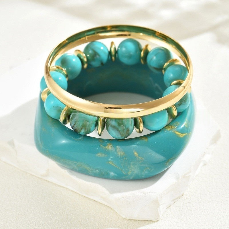 Wide Resin & Beaded Bracelet Set