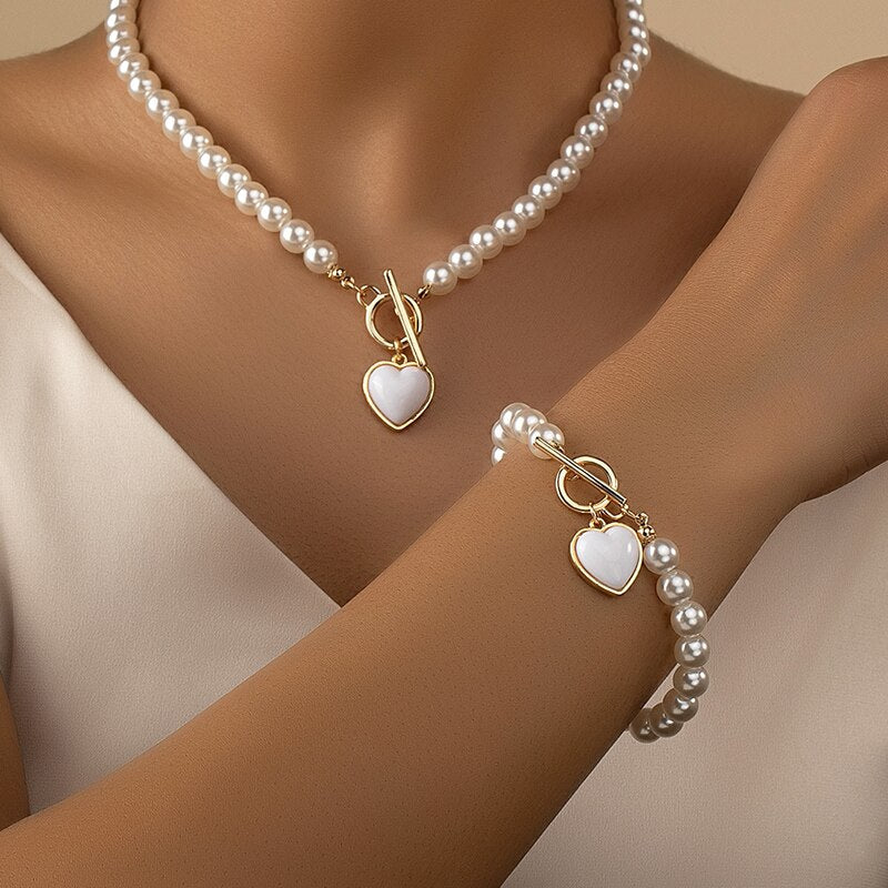 2pc Red Pearl Heart Jewelry Set