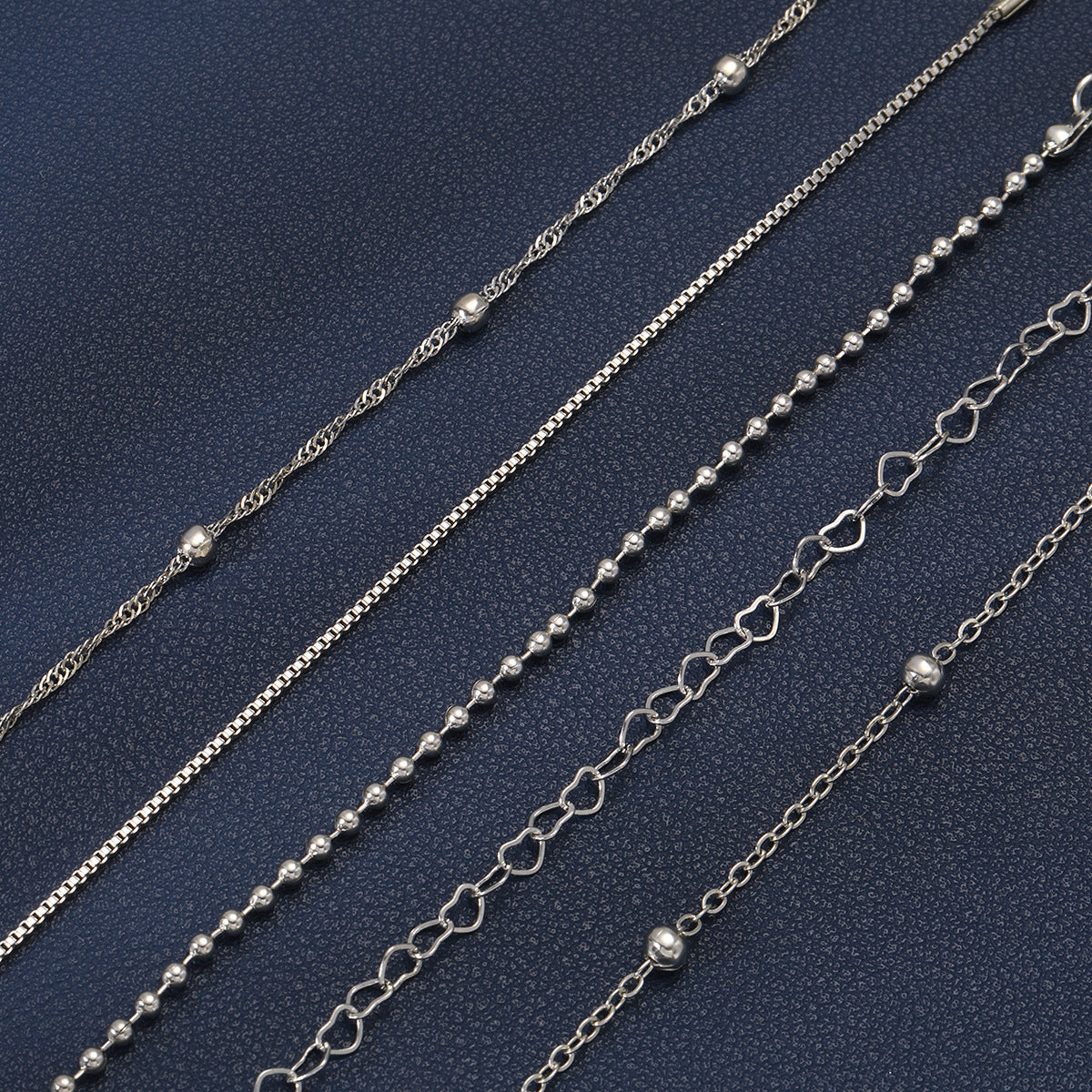 6pc Dainty Silver Heart & Bead Bracelet Set