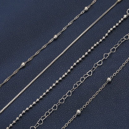 6pc Dainty Silver Heart & Bead Bracelet Set