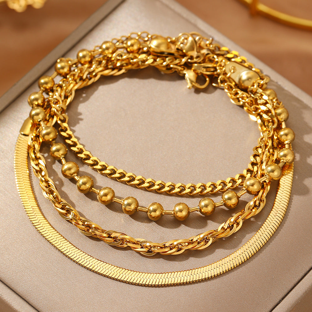 4pc Gold Link & Bead Bracelet Stack
