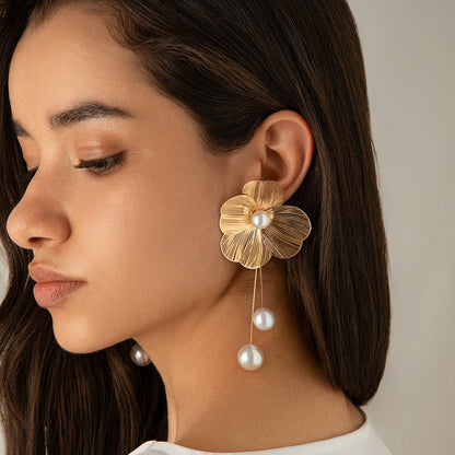 Gold Floral Pearl Drop Earrings