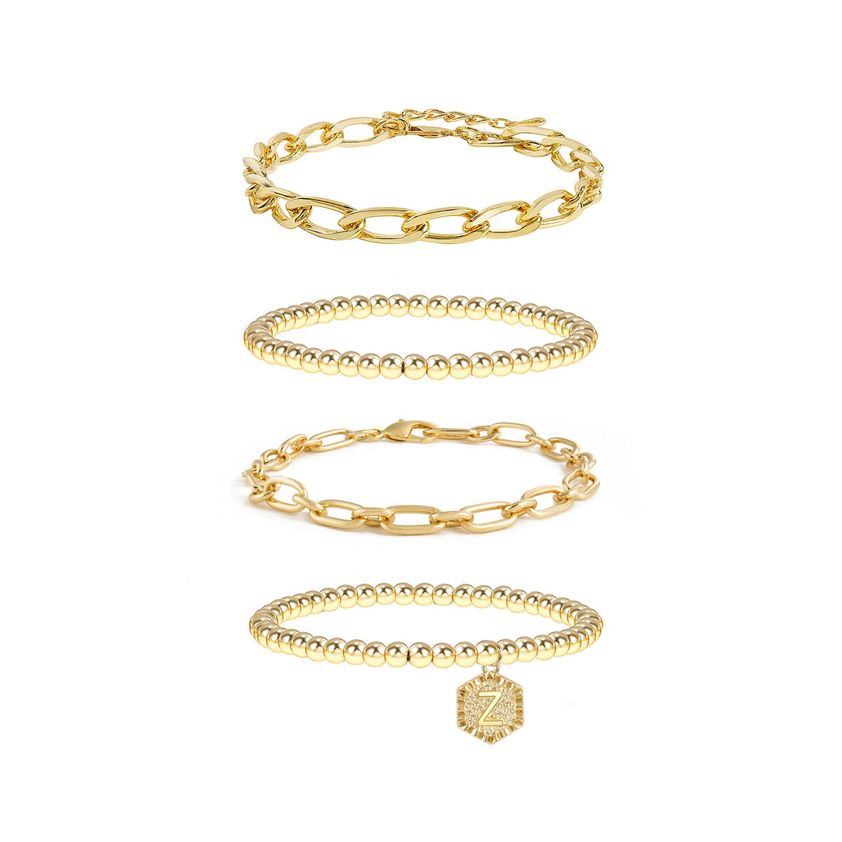 5pc Gold Beaded Chain Bracelet Set with Initial Charm