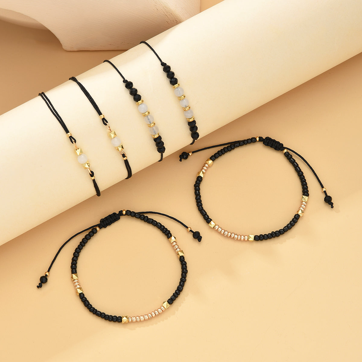 6pc Black Beaded Adjustable Bracelet Set