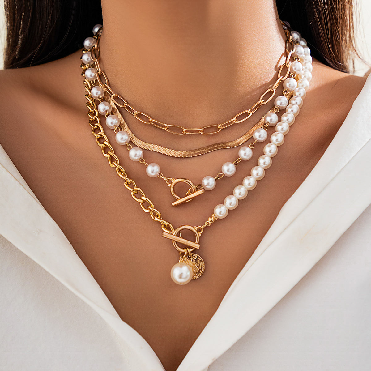 5pc Pearl & Chain Layered Necklace Set