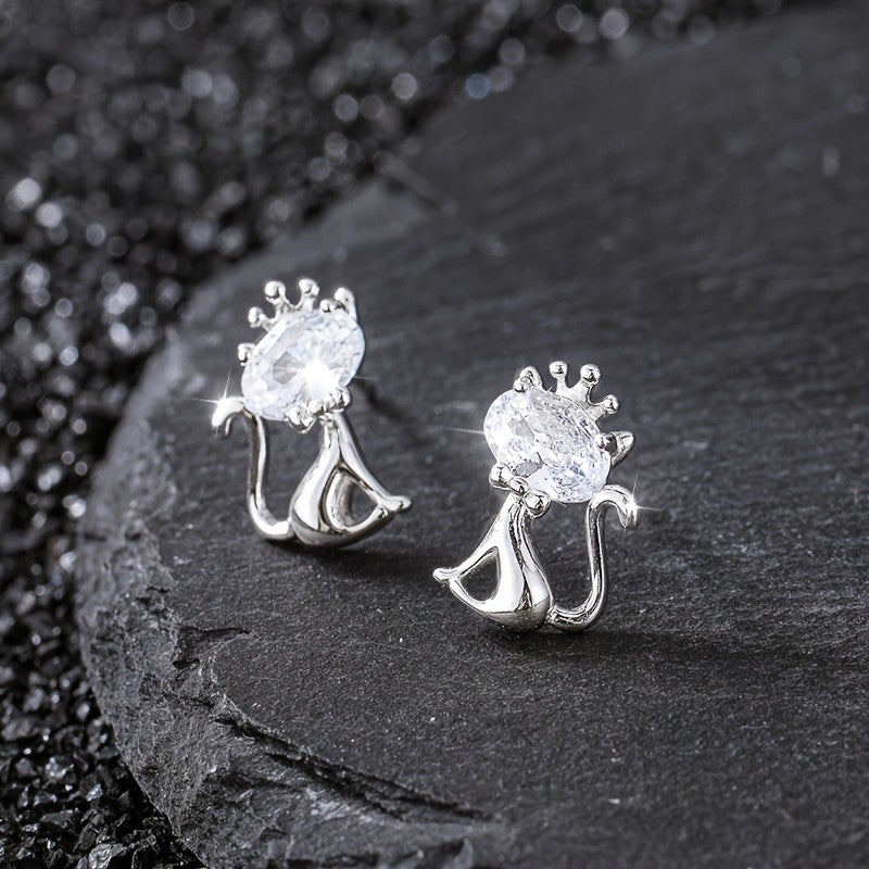 Crystal Crown Cat Stud Earrings