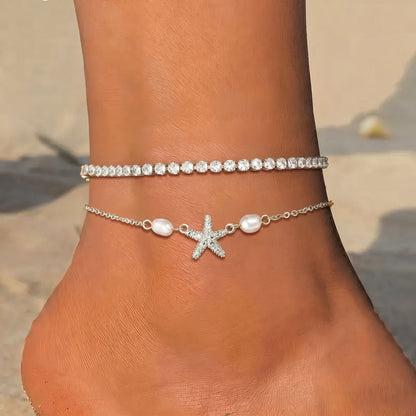 2pc Starfish Tennis Chain Anklet Set