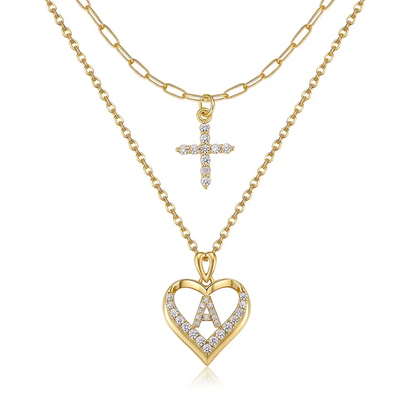 14k Initial Heart & Cross Necklace Set