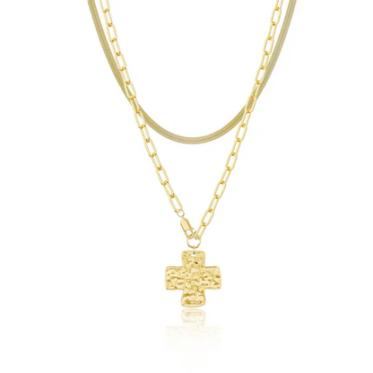 2pc Cross Paperclip Herringbone Necklace Set