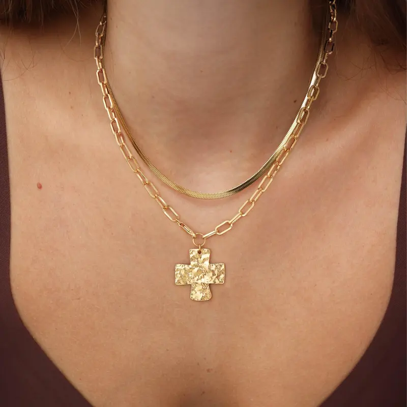 2pc Cross Paperclip Herringbone Necklace Set