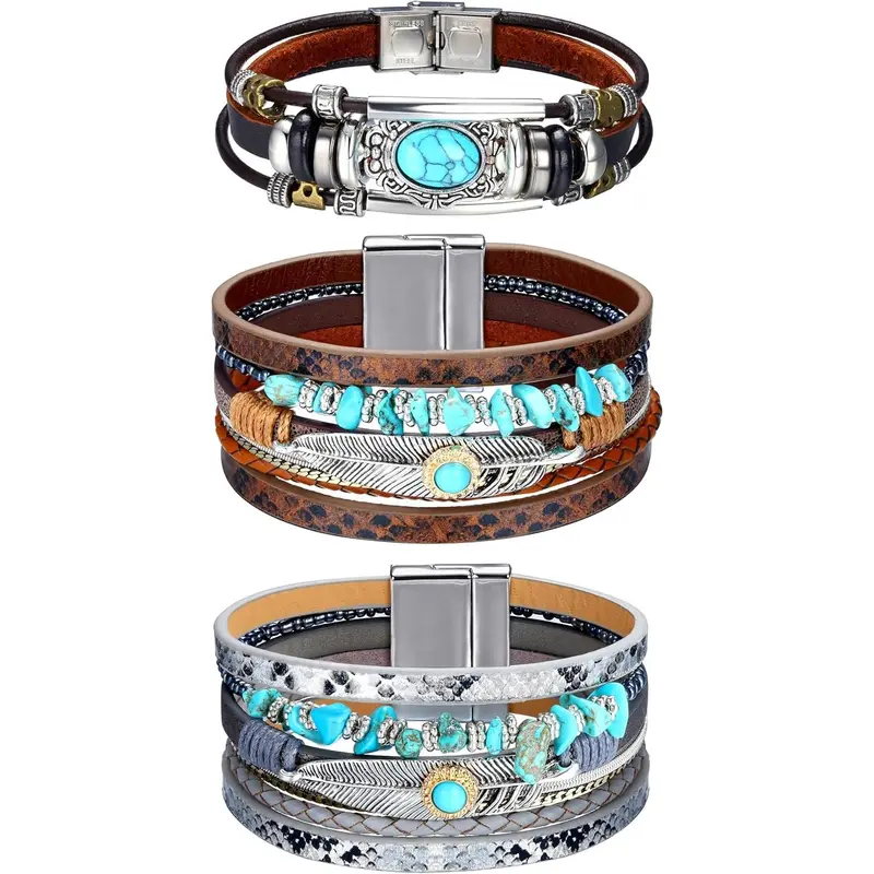 3pc Leather Wrap Bracelet Set