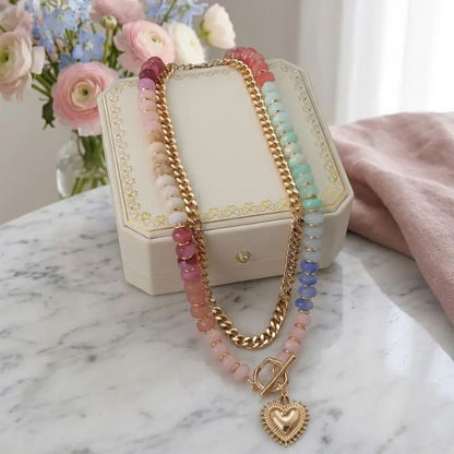 Double Layer Initial Heart Beaded Necklace