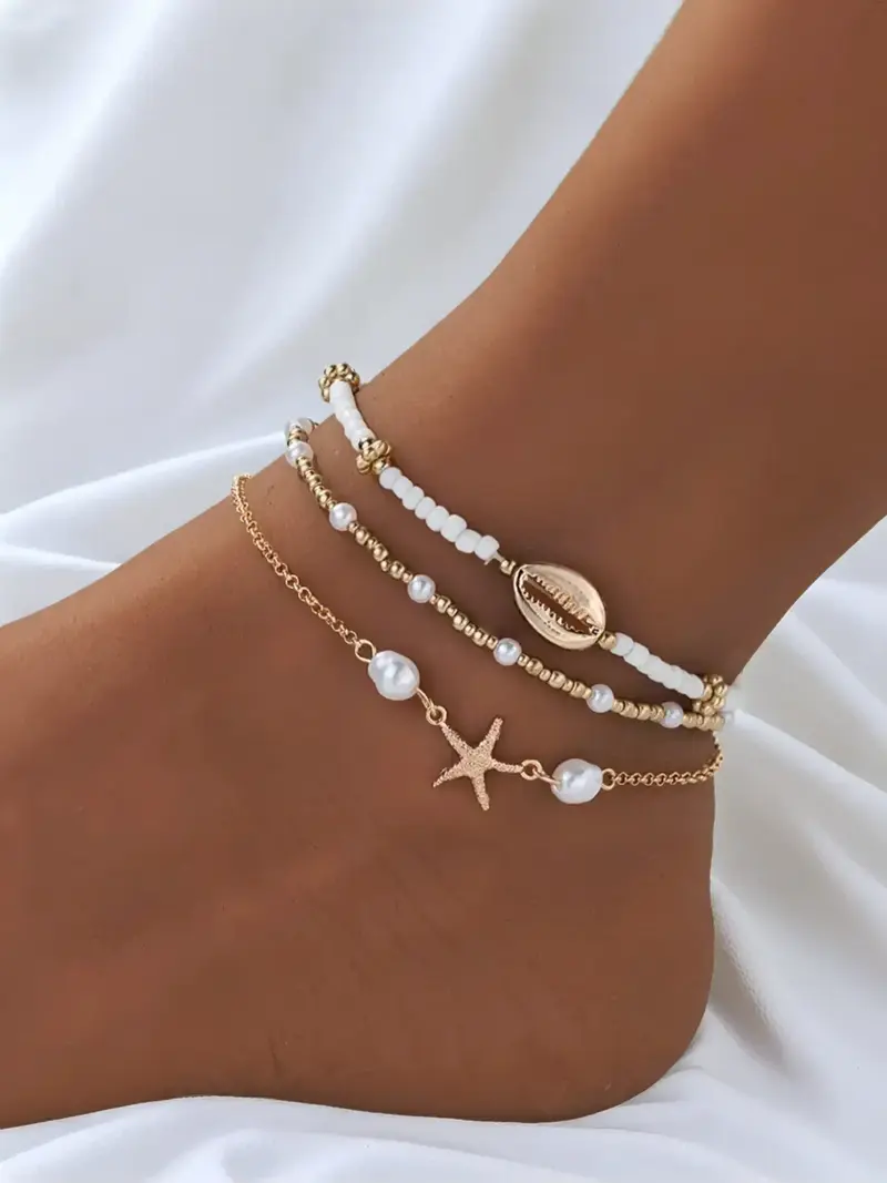 3pc Boho Starfish & Shell Anklet Set