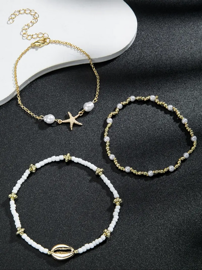 3pc Boho Starfish & Shell Anklet Set
