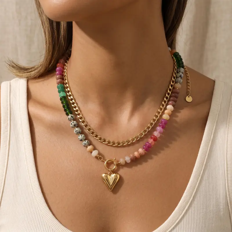 Double Layered Charm Beaded Necklace Set