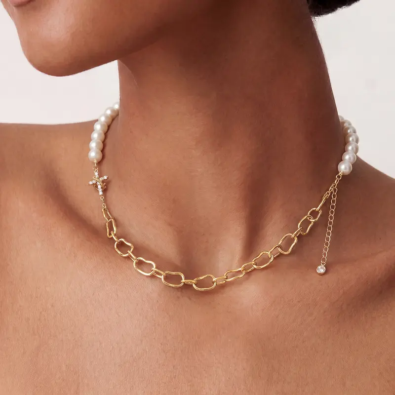 Crown Cross Pearl Paperclip Necklace