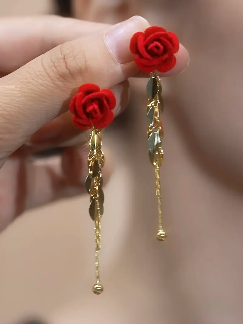 French Red Rose Tassel Earrings