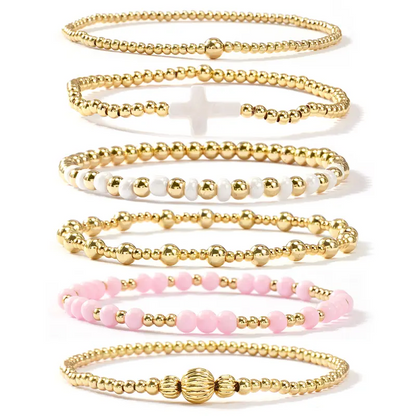 14k 6pc Beaded Stretch Bracelet Stack