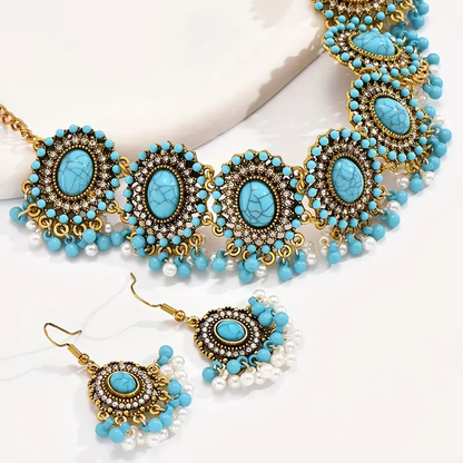 Boho Turquoise Bead Necklace & Earrings Set