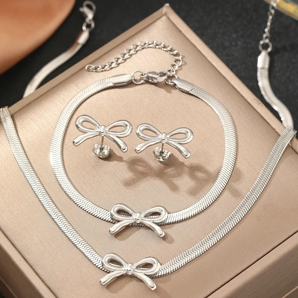 3pc Dainty Bow Necklace, Bracelet, & Earrings Set