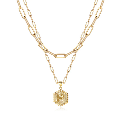 2pc 14k Hexagon Initial Necklace