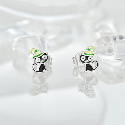 Enamel Witch Cat Stud Earrings
