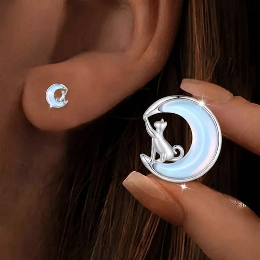 Opal Crescent Moon Cat Stud Earrings