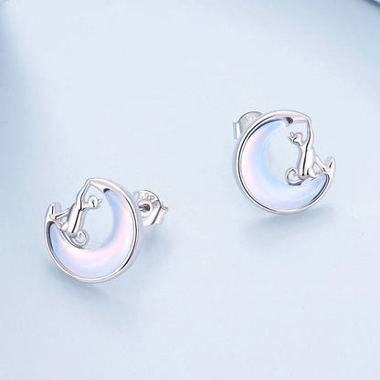Opal Crescent Moon Cat Stud Earrings