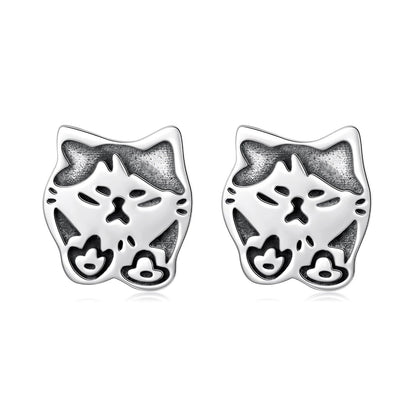 Oxidized Cat Face Stud Earrings