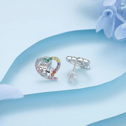 Multicolor Zircon Cat Heart Stud Earrings