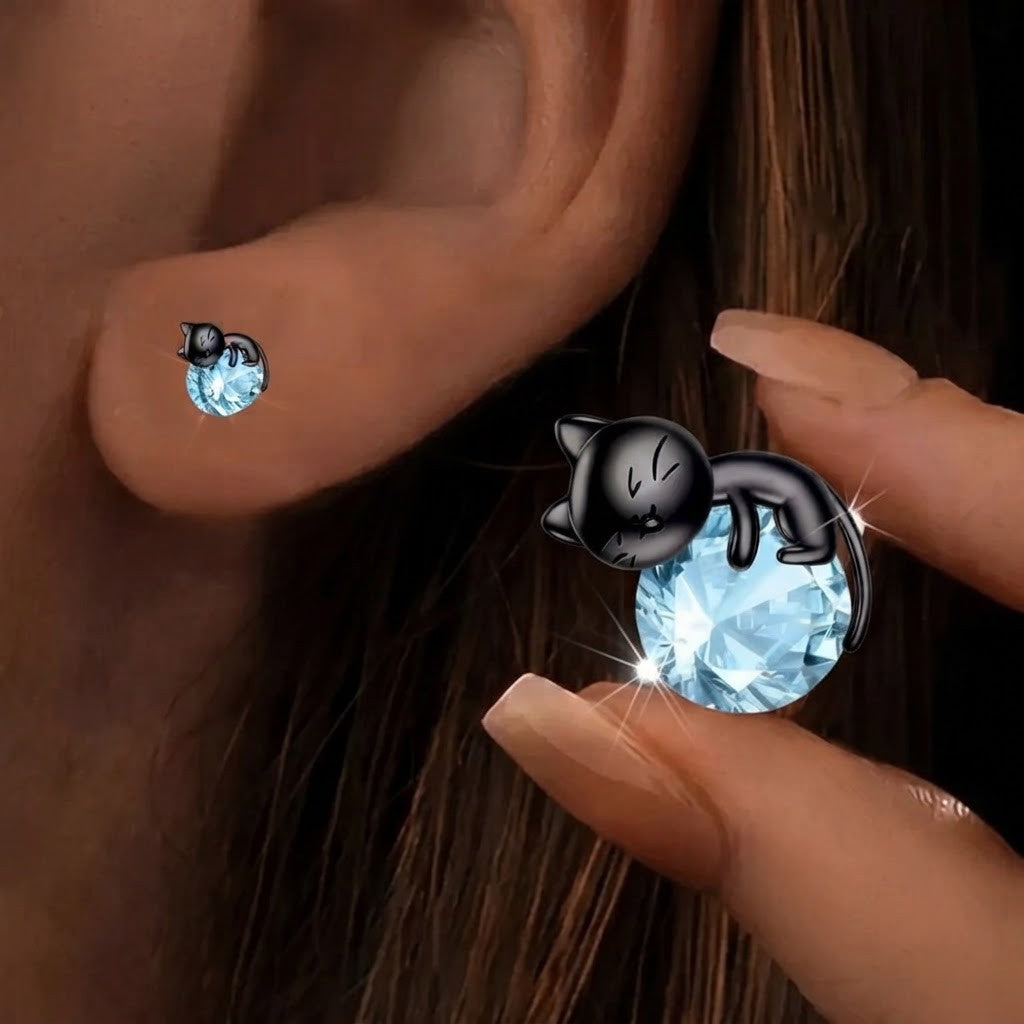Black Cat Blue Crystal Stud Earrings