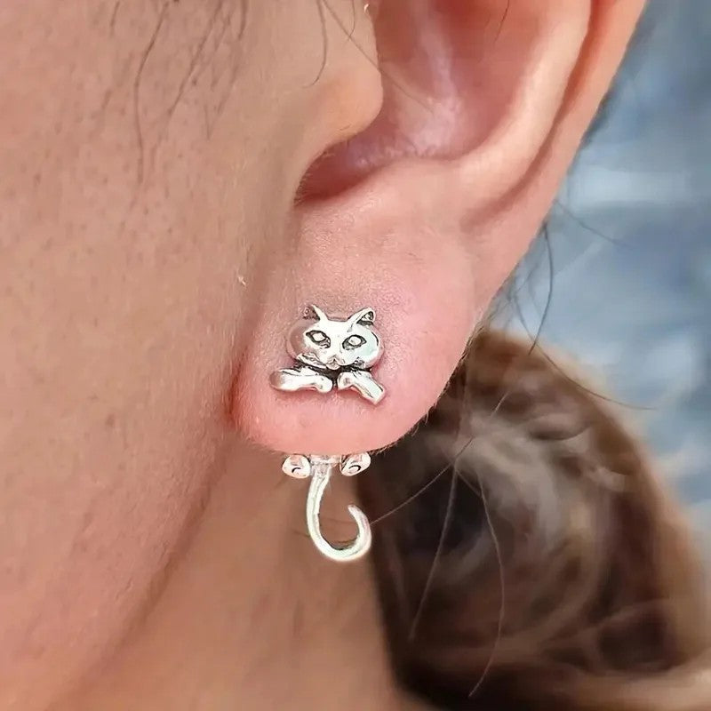 Cat with Dangling Tail Stud Earrings