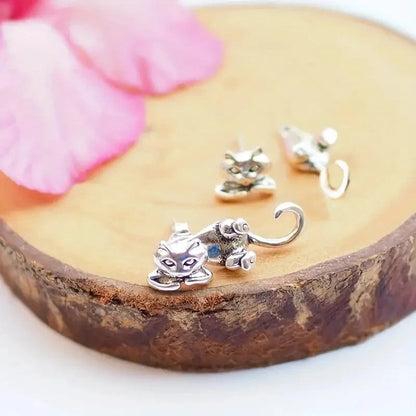Cat with Dangling Tail Stud Earrings