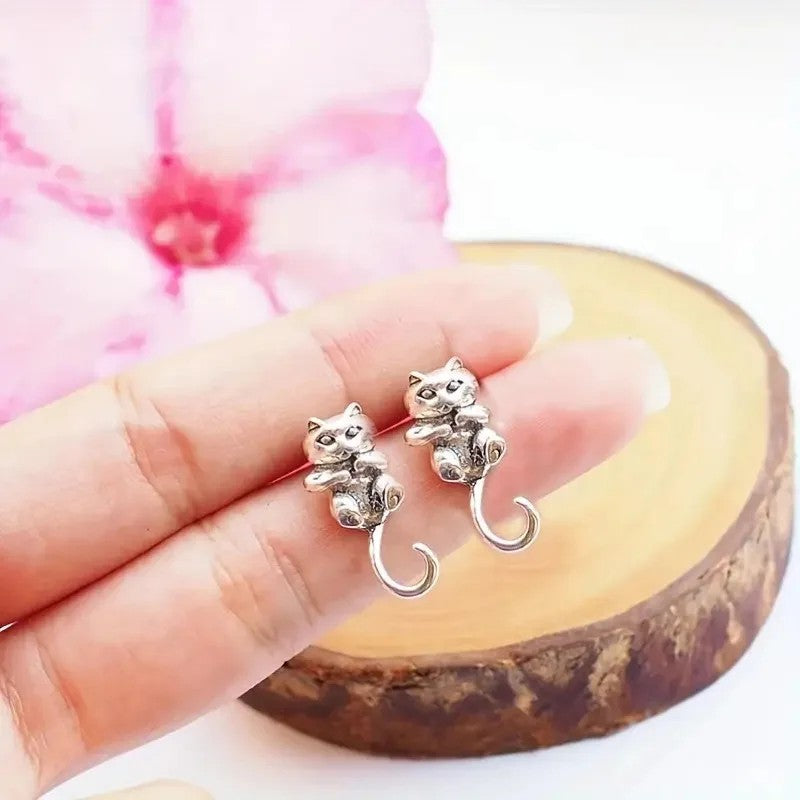 Cat with Dangling Tail Stud Earrings