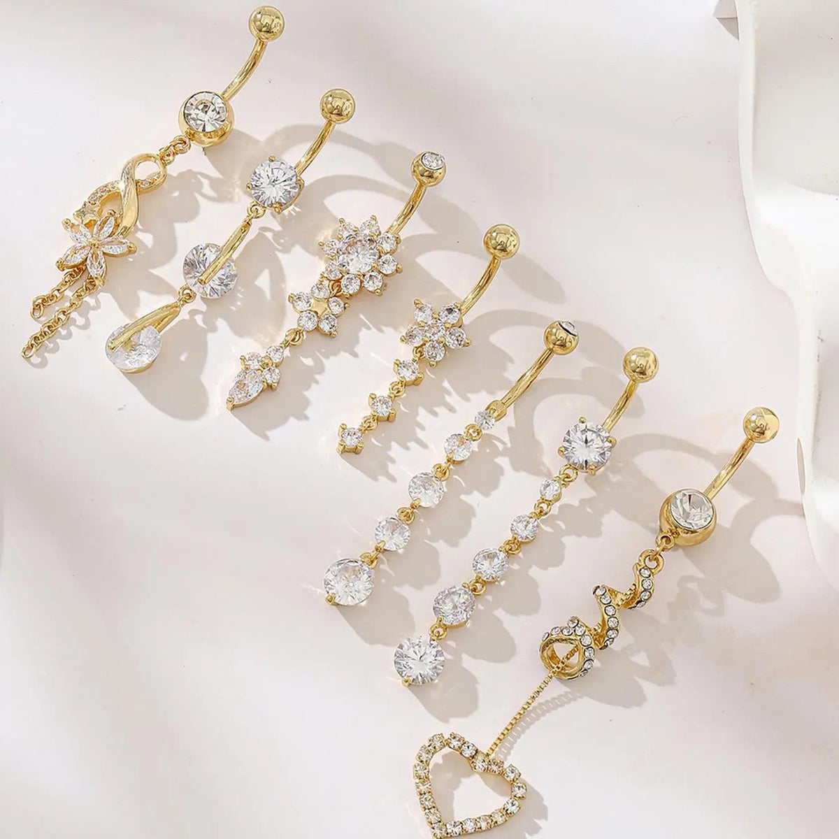 Crystal Floral & Heart Belly Ring Set