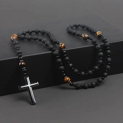 Tiger Eye & Lava Rock Cross Necklace