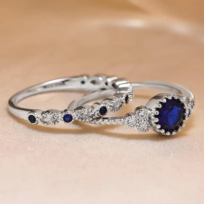 Blue Stone Halo Ring Set