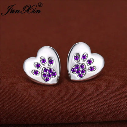 Green Crystal Paw Heart Stud Earrings