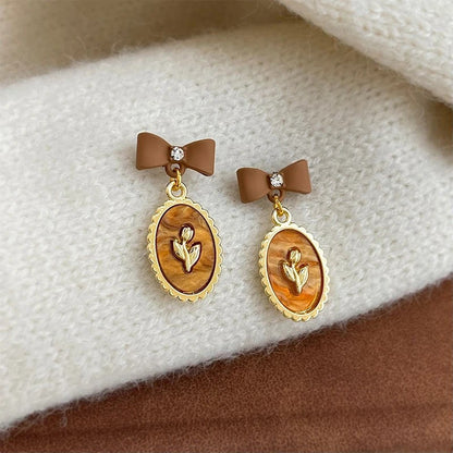 Brown Bow Floral Drop Earrings
