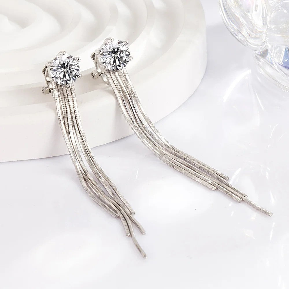 Crystal Tassel Clip Earrings