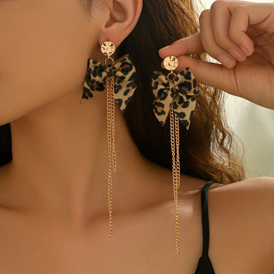 Leopard Bow Tassel Earrings