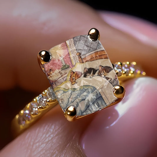 Sleeping Kittens Glass Square Ring