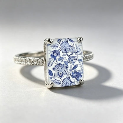 Blue Floral Square Ring