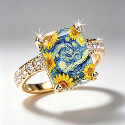 Starry Night Sunflower Square Ring