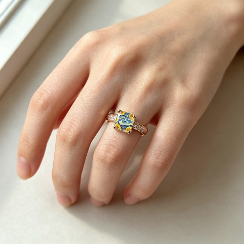 Starry Night Sunflower Square Ring
