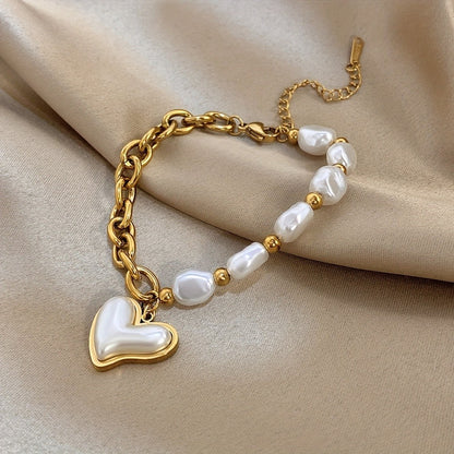 Irregular Pearl & Heart Charm Bracelet